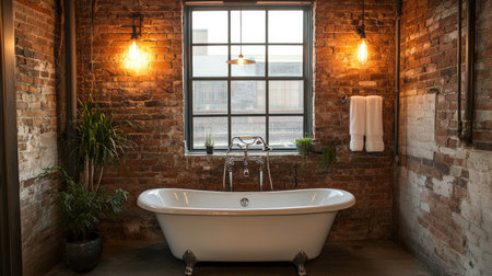 A contemporary loft bathroom with a deep soaking tub, exposed brick walls, and industrial-style lighting.の素材