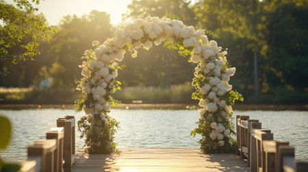 A classic white wedding arch covered in hydrangeas and roses, positioned on a sunlit wooden pier over a tranquil lake.の素材