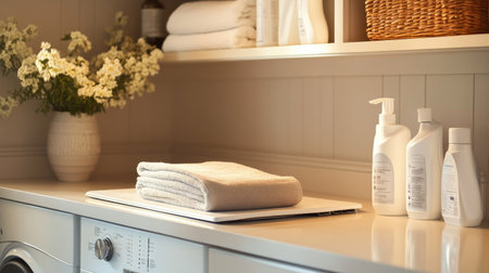 A contemporary laundry space with a built-in ironing station, neatly arranged detergent bottles, and a sleek white washer.の素材