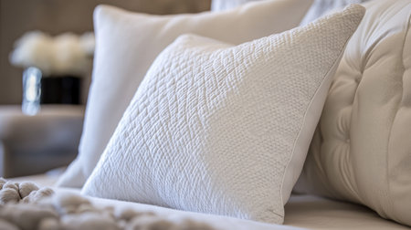 A close-up of a luxury white pillow with fine stitching and soft textures, placed elegantly on a designer bed.の素材