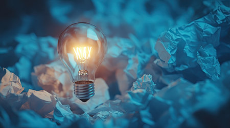 A creative concept image featuring a bright lightbulb next to a pile of crumpled paper, symbolizing brainstorming.の素材