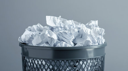 A close-up of a trash can full of crumpled paper, isolated against a smooth grey backdrop.の素材