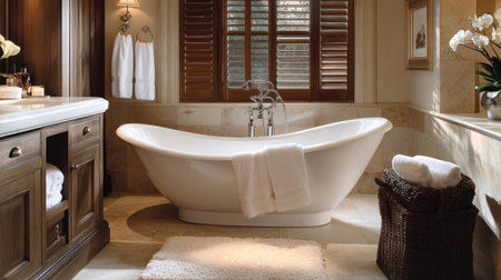 A cozy and elegant bathroom featuring a freestanding bathtub, soft textiles, and warm wooden accents.の素材