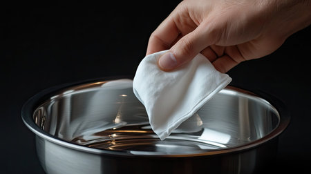 A hand holding a white napkin, carefully wiping the inside of a polished stainless frying pan.の素材