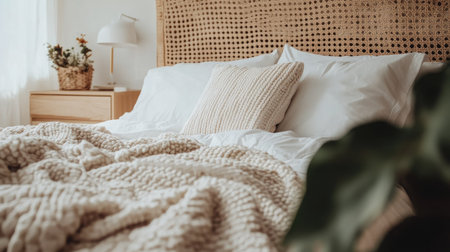 A cozy, inviting bed with fresh white pillows and a stylish, textured duvet cover.の素材