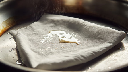 A close-up shot of a white napkin absorbing oil residue from a stainless frying pan.の素材