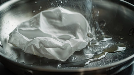 A close-up shot of a white napkin absorbing oil residue from a stainless frying pan.の素材