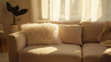 A cozy apartment setting with a sleek beige sofa, layered with fluffy cushions and a soft throw, creating a warm atmosphere.の素材