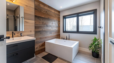 A contemporary bathroom with a minimalist white bathtub, black fixtures, and a stylish wood accent wall.の素材