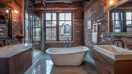 A contemporary loft bathroom with a deep soaking tub, exposed brick walls, and industrial-style lighting.の素材