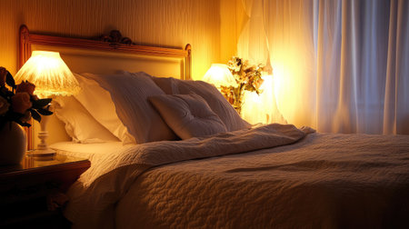 A five-star hotel bedroom with a perfectly arranged bed, featuring large white pillows and delicate accent lighting.の素材