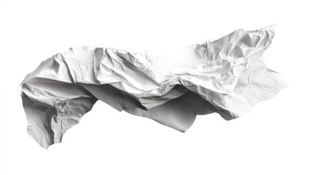 A discarded crumpled piece of paper with visible creases and folds, isolated on a pure white background.の素材
