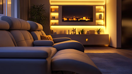 A comfortable recliner sofa with cushioned armrests, set in a contemporary living room with soft ambient lighting.の素材