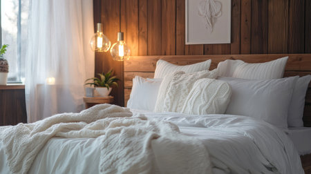 A five-star hotel bedroom with a perfectly arranged bed, featuring large white pillows and delicate accent lighting.の素材