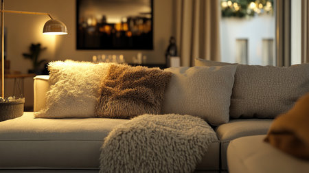 A cozy apartment setting with a sleek beige sofa, layered with fluffy cushions and a soft throw, creating a warm atmosphere.の素材