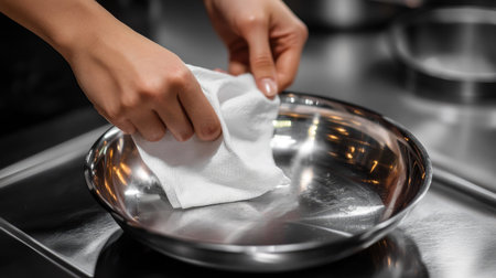A close-up of fingers holding a white napkin, cleaning a shiny stainless steel frying pan.の素材