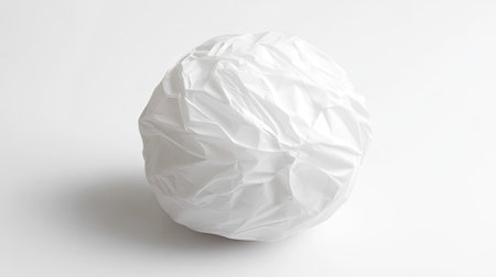 A close-up of a wrinkled ball of white paper, isolated on a white background with soft shadows.の素材
