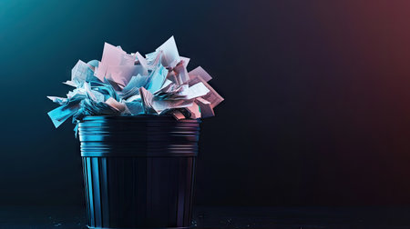 A dramatic lighting shot of a trash bin overflowing with rejected papers, against a dark gradient background.の素材