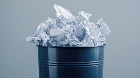 A close-up of a trash can full of crumpled paper, isolated against a smooth grey backdrop.の素材