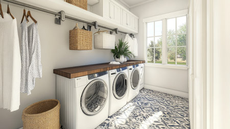 A cozy, functional laundry room with a washer and dryer, decorative tile flooring, and hanging rods for air-drying clothes.の素材