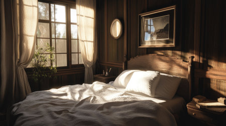 A cozy bedroom with a fluffy white pillow on a neatly made bed, accented by soft natural light from a nearby window.の素材