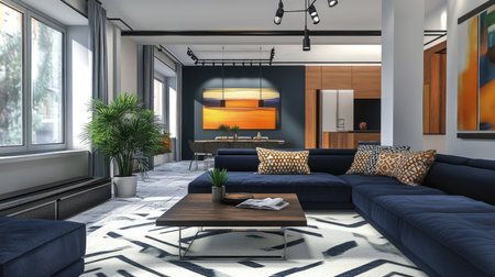 A contemporary loft-style living space with a deep navy-blue couch, decorated with geometric-patterned cushions.の素材