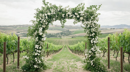 A floral wedding arch with cascading greenery and white lilies, set in a vineyard overlooking the rolling countryside.の素材