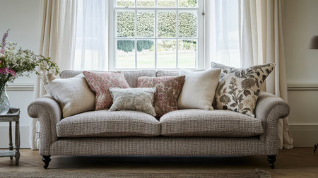 A cozy and inviting sofa with a mix of textured cushions, placed in front of a large window with sheer curtains.の素材