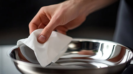 A close-up of fingers holding a white napkin, cleaning a shiny stainless steel frying pan.の素材