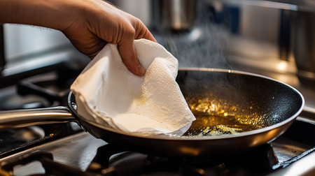A freshly used frying pan being wiped clean with a white paper napkin, showing light grease removal.の素材