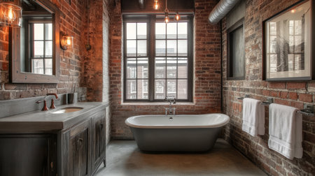 A contemporary loft bathroom with a deep soaking tub, exposed brick walls, and industrial-style lighting.の素材