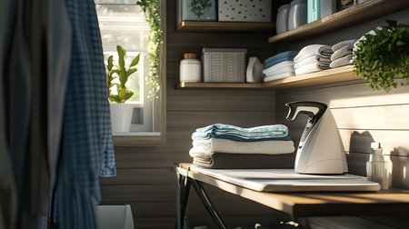 A cozy laundry nook featuring a modern ironing board, a high-quality electric iron, and neatly folded clothing.の素材