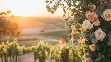 A dreamy floral wedding arch with cascading roses and eucalyptus leaves, set in a vineyard overlooking rolling hills at sunset.の素材