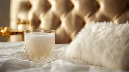 A fluffy white pillow on a luxurious bed with a gold-accented bedside lamp, creating a sophisticated ambiance.の素材