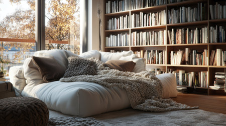 A cozy reading nook with a comfortable white sofa, layered with fluffy cushions and a warm knitted blanket, beside a large bookshelf.の素材
