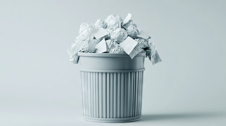A concept image of a trash bin overloaded with balled-up papers, set against a light grey background.の素材