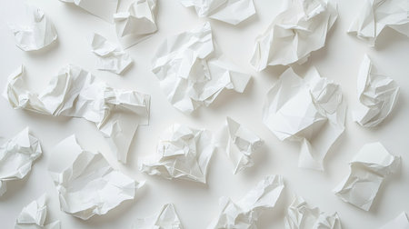 A flat lay of multiple crumpled paper sheets, spread chaotically on a seamless white background.の素材