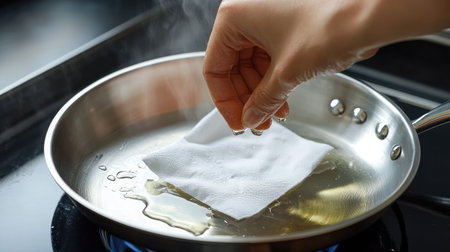 A hand removing excess oil from a stainless frying pan with a clean white napkin.の素材