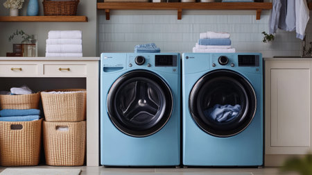 A laundry room with smart appliances, built-in hampers, and a clean, organized aesthetic with soft neutral tones.の素材
