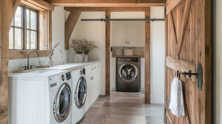 A farmhouse-inspired laundry room with rustic wooden beams, a sliding barn door, and a washing machine next to a deep sink.の素材