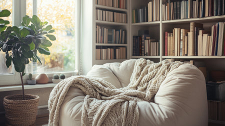 A cozy reading nook with a comfortable white sofa, layered with fluffy cushions and a warm knitted blanket, beside a large bookshelf.の素材