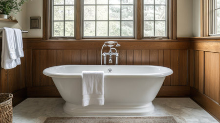 A cozy and elegant bathroom featuring a freestanding bathtub, soft textiles, and warm wooden accents.の素材
