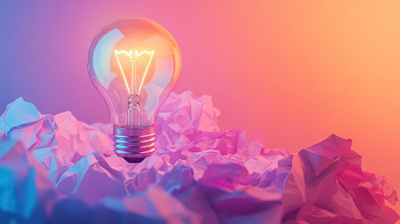 A creative concept image featuring a bright lightbulb next to a pile of crumpled paper, symbolizing brainstorming.の素材