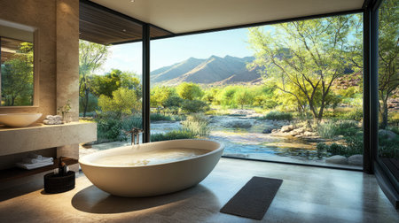A luxurious bathroom with a deep soaking tub, floor-to-ceiling windows, and a scenic outdoor view.の素材