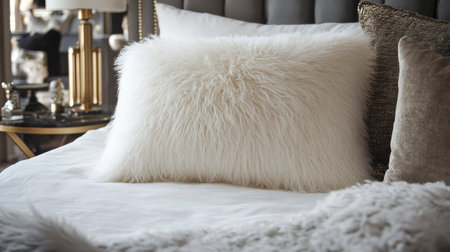 A fluffy white pillow on a luxurious bed with a gold-accented bedside lamp, creating a sophisticated ambiance.の素材