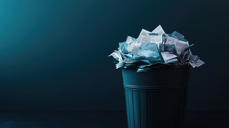 A dramatic lighting shot of a trash bin overflowing with rejected papers, against a dark gradient background.の素材