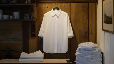 A freshly ironed white shirt hanging near an ironing board with an electric iron and a folded pile of laundry.の素材