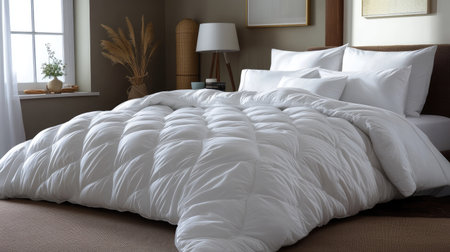 A cozy, inviting bed with fresh white pillows and a stylish, textured duvet cover.の素材