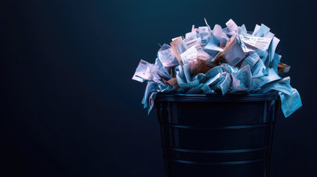 A dramatic lighting shot of a trash bin overflowing with rejected papers, against a dark gradient background.の素材