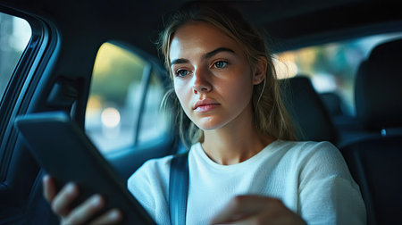 A woman sitting in a car, using her smartphone with a serious expression.の素材